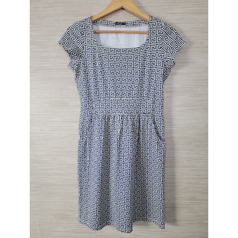 J.McLaughlin Shift Dress Womens S Blue White Greek Key‎ Geometric Print Stretch